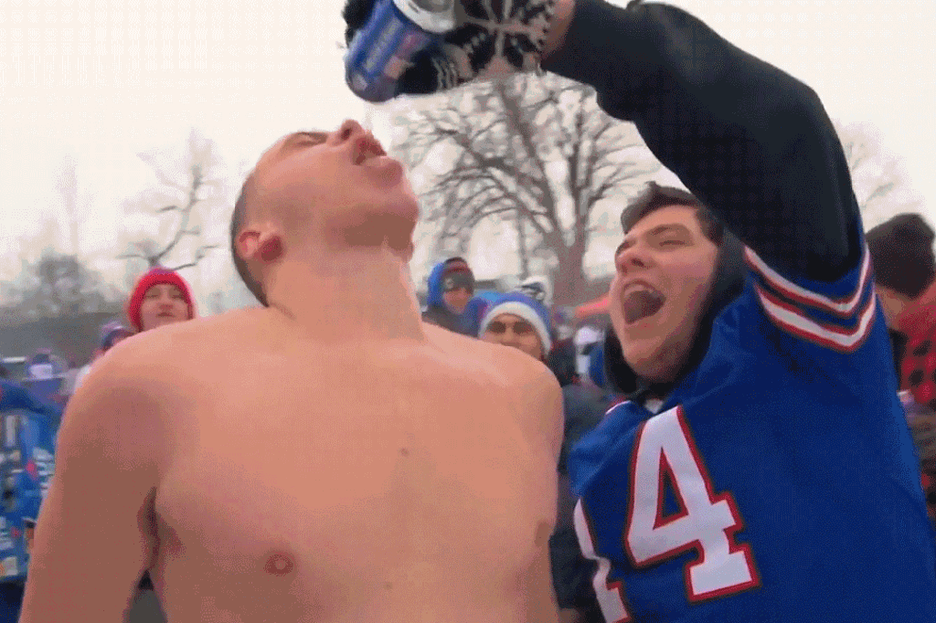 Image result for bills fans drinking beer in the cold animated gif