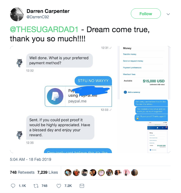 Is The Sugar Daddy Who Gives Away Tens Of Thousands Of Dollars On - he claims he won 24 154 from thesugardad1 in his tweet he s appropriately stunned and thankful saying that this gift of cash has changed my life